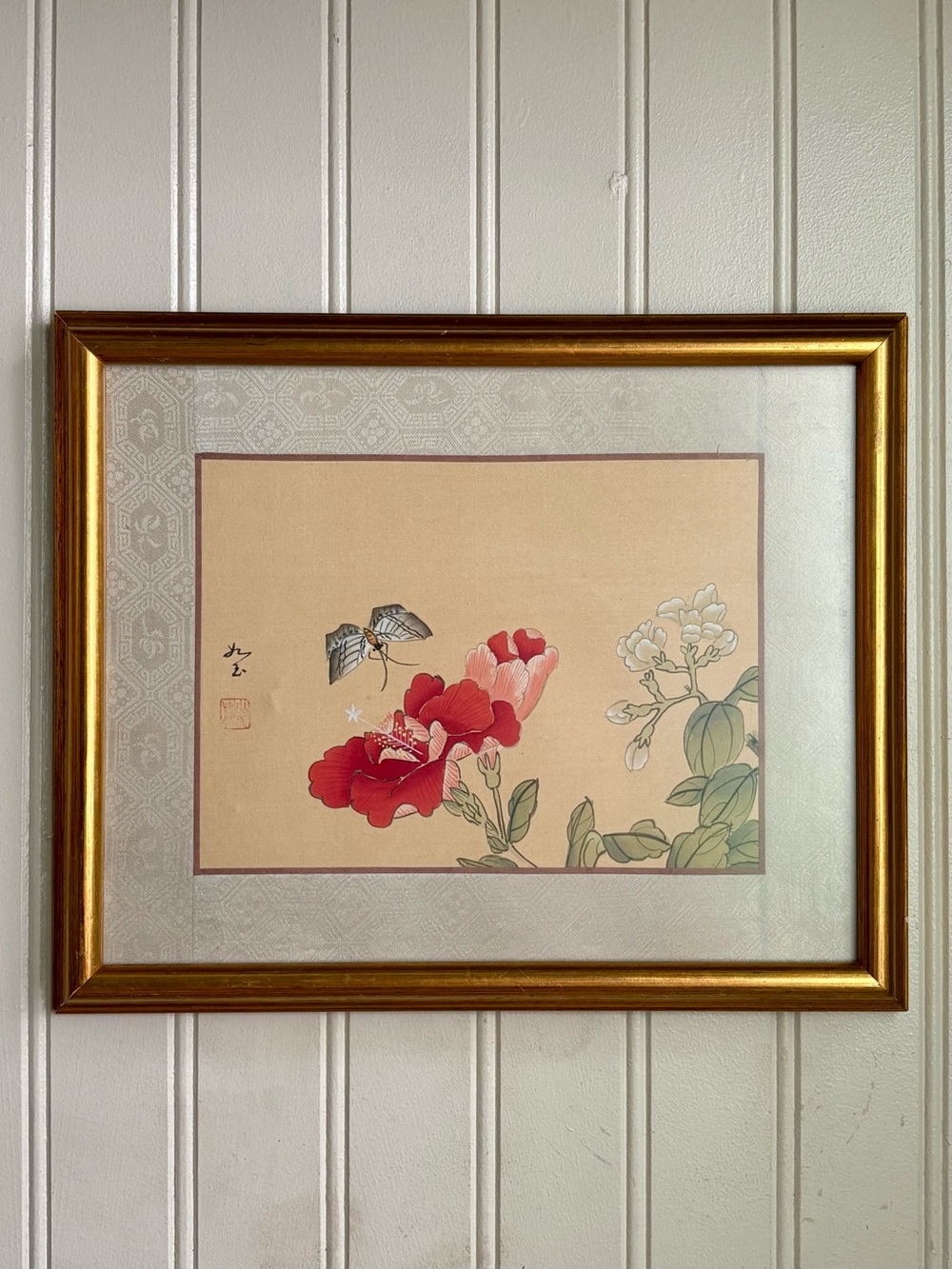 Vintage Chinese Watercolor on Silk Painting Framed & Signed Red Stamp Collection